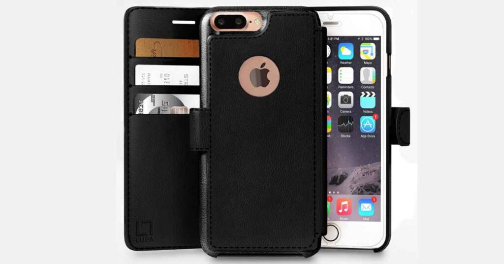 LUPA Wallet case for iPhone 7 Plus, Durable and Slim, Lightweight, Magnetic Closure, Faux Leather, Black